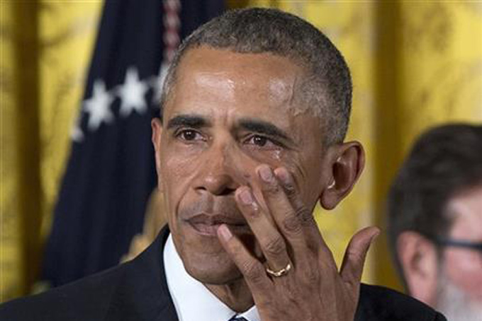President Barack Obama wipes away tears from his eyes as he speaks in the East Room of the White House in Washington, Tuesday, Jan. 5, 2016, about steps his administration is taking to reduce gun violence. (AP Photo/Carolyn Kaster)