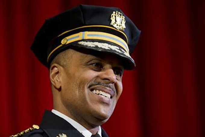  Richard Ross smiles during his swearing in ceremony as Philadelphia’s new police commissioner, Tuesday, Jan. 5, 2016, at his alma mater, Central High School, in Philadelphia. (AP Photo/Matt Rourke)