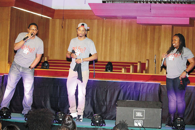 KEEPING IT GOING—Emcees, from left: Corey Lankford, Steve Edmonds and Ashley Smith.