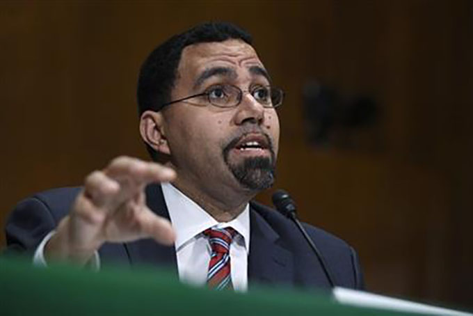 Acting Education Secretary Dr. John King, Jr., testifies before the Senate Health, Education, Labor and Pensions Committee on Capitol Hill in Washington, Thursday, Feb. 25, 2016, during his confirmation hearing as the Education Secretary. Obama’s choice to serve as Education Secretary says he rose to his current position because New York City public school teachers “literally saved my life.” (AP Photo/Susan Walsh)