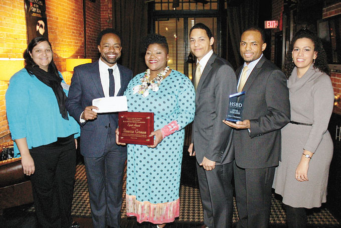HONOREES—The Allegheny County Bar Association Homer S. Brown Division held its 12th Annual Black History Month Celebration at Olive or Twist, in downtown Pittsburgh. Cocktails and light hors d’oeuvres were served. The 2016 Spirit Award recipient was Vanessa German, the 2016 HSBD Young Leader Award recipient was Tony J. Thompson, and the 2016 Oliver L. Johnson Scholarship recipient was also honored at the event. Above awardees and presenters from left are presenter Karris Jackson from POISE Foundation, awardee Rondell M. Jordan, awardee Vanessa German, presenter Attorney Ron G. Jones, awardee Tony J. Thompson, and presenter Attorney Tyra Oliver. (Photos by J.L. Martello) 