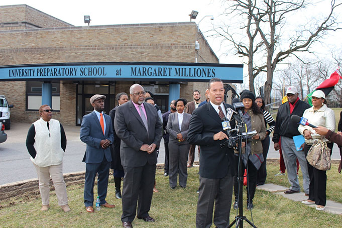 REV. VICTOR GRISBY, pastor of Central Baptist Church and president of the Hill District Ministers Alliance addresses the media. (Photos by J. L. Martello)