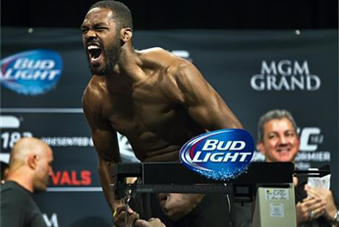 In this Jan. 2, 2015, file photo, light-heavyweight mixed martial arts champion Jon Jones yells during the weigh-in for UFC 182 in Las Vegas.  (AP Photo/The Las Vegas Sun, L.E. Baskow, File) 