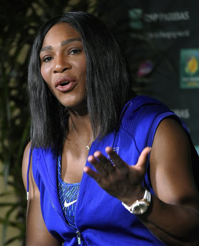     In this March 10, 2016 file photo, Serena Williams speaks during a news conference at the BNP Paribas Open tennis tournament in Indian Wells, Calif.  (AP Photo/Mark J. Terrill, File)