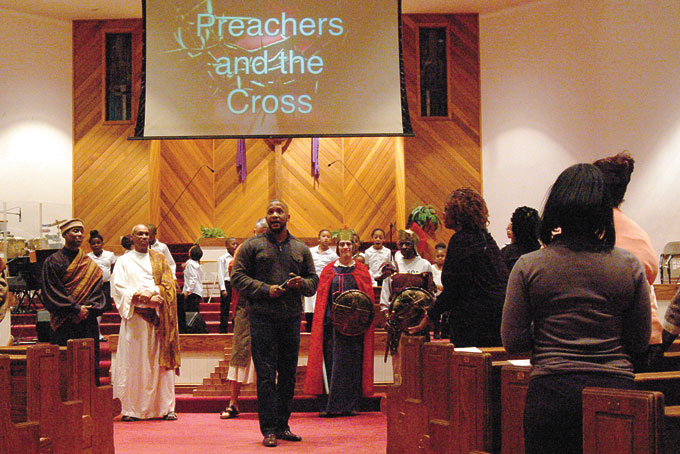BEGINNING OF HOLY WEEK—Holy week began at Mount Ararat Baptist Church at 271Paulson Avenue, East Liberty. The presentation of “Three Preachers & The Cross,” was a festive display of joy and spirit through lessons of the Bible. The Mount Ararat Dance Ensemble, (M.A.D.E.) along with the church staff, presented a fine tale of the message delivered by the Apostle Paul 1 Corinthians 15: 1-4. Above Pastor John Knight with the cast of Three Preachers & The Cross. (Photos by Rossano P. Stewart)