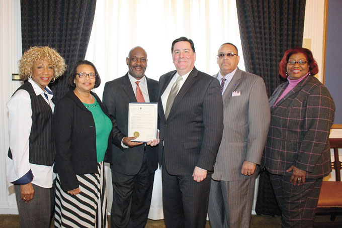 LENDING THEIR SUPPORT—Several community residents came out to lean their support to Ralph Watson as he received a proclamation from the mayor. From left: Supporters attending as he receives a proclamation from the mayor. From left: Brenda Tate, Karla Gillbryd, Ralph Watson, Mayor Peduto, Rev. Daryl Milliner, and Rev. Helen M. Jackson. (Photos by J. L. Martello) 