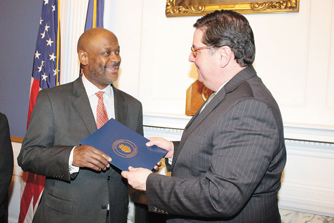 OUTSTANDING COMMUNITY WORK—Mayor Bill Peduto presents Ralph P. Watson with proclamation for his outstanding community work. (Photos by J.L. Martello) 