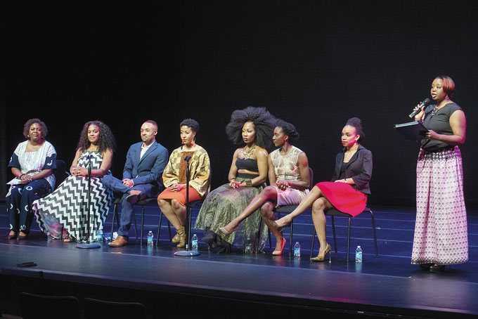 CHOREOGRAPHERS—Founder and artistic director of HDAT Ayisha Morgan-Lee introduces the guest choreographers, all are Howard University alumni. From left: Annique Roberts, Shola Roberts, Will Roberson, Denise Saunders Thompson(Executive Director of the International Association of Blacks in Dance (IABD) Also former professor at Howard University, currently a faculty member at American University and a board member of Dance USA), Ayisha Morgan-Lee (founder of HDAT), Princess Mhoon, Rohiatou Siby, Lindsay Benton. (Photos by Gail Manker) 