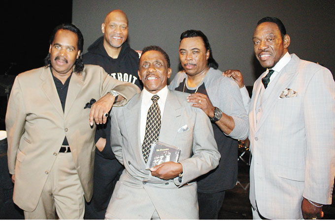 CROSSING BARRIERS OF TIME—The Dramatics, from left are: Rick Littleton, Michael Brock, Willie Ford, Dougy Daggy, and Gregory Finley, pose after the concert. (Photos by J. L. Martdello) 