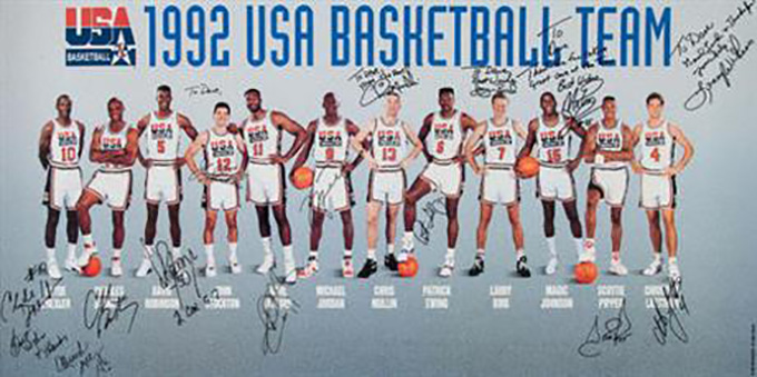 This April 27, 2016 photo courtesy of Heritage Auctions shows a 36" x 18" signed poster of the "1992 USA Baseball Team" personalized from the players to Dr. David A. Fischer, the team physician. All 12 players signed the poster, including Magic Johnson, John Stockton, Michael Jordan, Scottie Pippen, Larry Bird, Chris Mullin, Charles Barkley, Karl Malone, David Robinson, Patrick Ewing, Clyde Drexler, and Christian Laettner. Head Coach Chuck Daly and Assistant Coach Lenny Wilkens. (David Fewell/Heritage Auctions via AP)