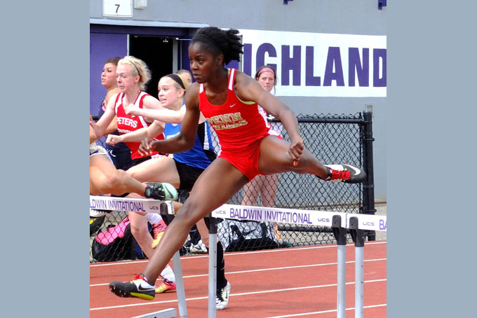 Jayla Ellis, a freshman from Penn Hills won the AAA 100 meter hurdles event. (Photo by William McBride)