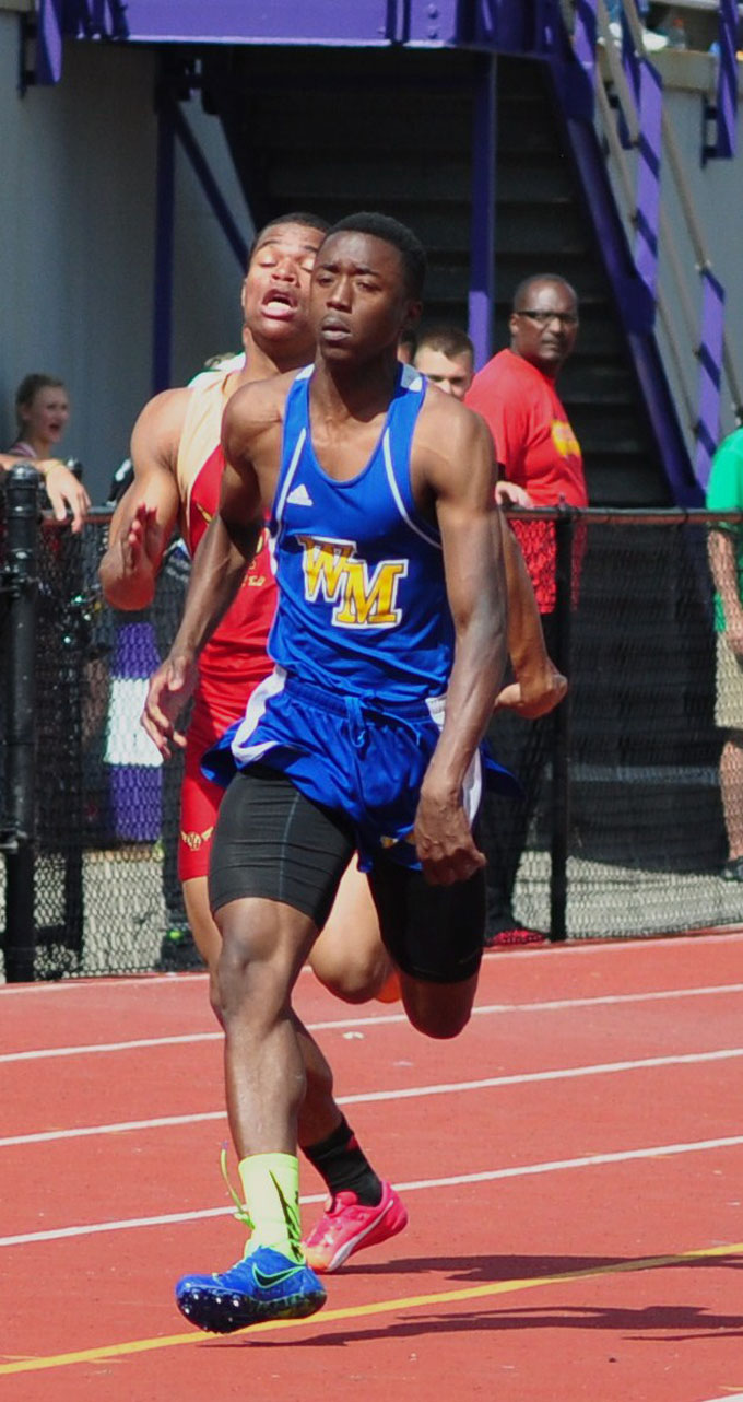 Micah Watts of West Mifflin won the WPIAL AAA 200 meter dash and the Long Jump events. (Photo by William McBride)