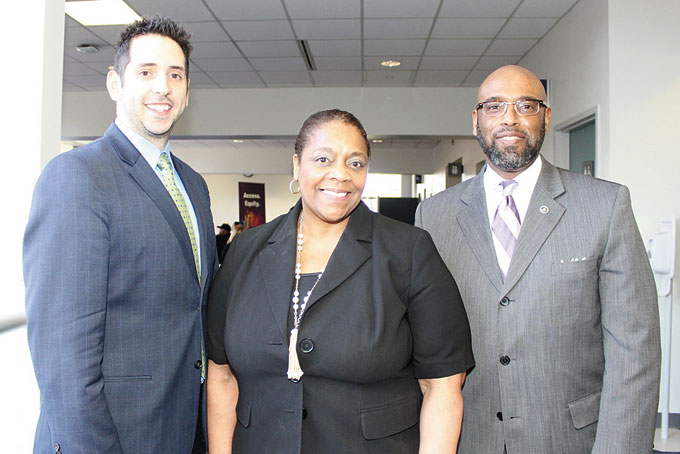 PUTTING ALL TOGETHER—From left: Brian Glickman, director for talent management for Pittsburgh Public Schools, Edy Anako, human capital manager for Pittsburgh Public schools and Quintin Bullock, president of CCAC.