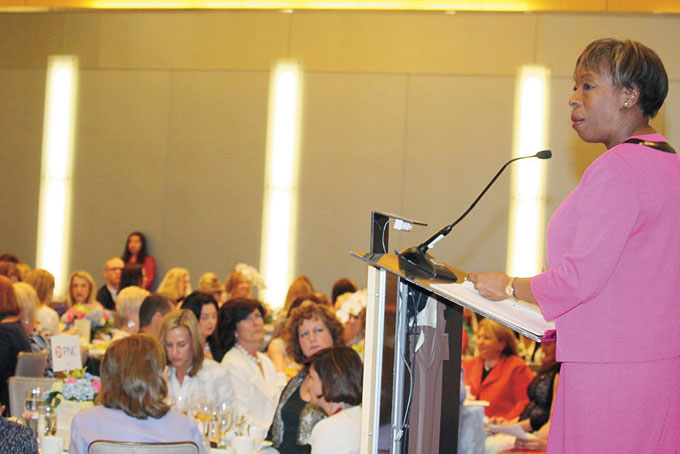 A WOMAN OF DISTINCTION—The Crohn’s & Colitis Foundation of America Western PA/West Virginia chapter hosted its 8th Annual Women of Distinction Luncheon. This event was held at the Fairmont Pittsburgh. Among the awardees was Doris Carson Williams, an honoree in Business. While serving as president and CEO of the African American Chamber of Commerce for 17 years, Williams has received numerous awards for their work to promote access and business opportunities for African Americans in the region’s business community. She is a member of the Board of Directors for Highmark Inc.. and has received numerous awards including the Susan B. Anthony Women of Vision Award and the Women in Business and Industry Award. Above: Williams gives her acceptance speech. (Photo by J.L. Martello)