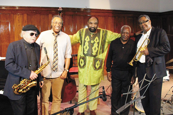 GETTING IT STARTED—The artists of the first Jazz Workshop from left are sax player Richie Cole, Pianist Howard Alexander, bass player Christopher Dean Sullivan, drummer Rodger Humphries and Trumpet player Jon Faddis. (Photos by J. L. Martello)
