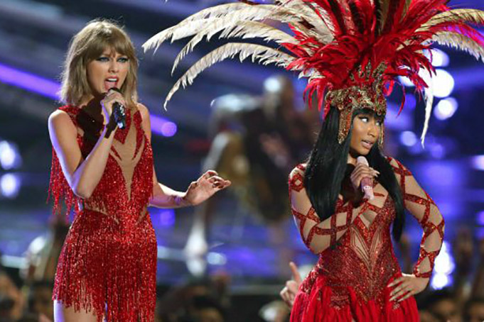 Taylor Swift, left, and Nicki Minaj perform at the MTV Video Music Awards at the Microsoft Theater on Sunday, Image Credit: AP