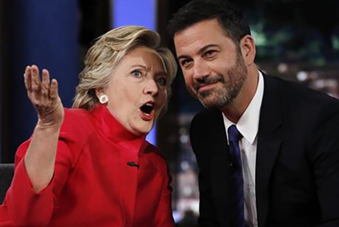 Democratic presidential nominee Hillary Clinton talks with Jimmy Kimmel during a break in the taping of "Jimmy Kimmel Live!" in Los Angeles, Monday, Aug. 22, 2016. (AP Photo/Carolyn Kaster)