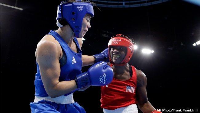 United States' Claressa Maria Shields, right, fights Netherlands' Nouchka Fontijn during a women's middleweight 75-kg final boxing match at the 2016 Summer Olympics in Rio de Janeiro, Brazil, Sunday, Aug. 21, 2016. 