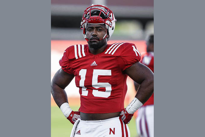 Nebraska linebacker Michael Rose-Ivey (15) prepares to warm up during NCAA college football practice in Lincoln, Neb.(Photo: Nati Harnik, AP)