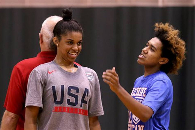 In this Wednesday, Sept. 7, 2016 photo, Jaden Nielsen-Skinner, right, checks to see whether Evina Westbrook, front, or Price Johnson, the owner and operator of The Hoop, a competitive basketball training facility, is taller during an after-school training session in Salem, Ore. The Hoop in Salem is a full fitness center. It is rented for various activities including volleyball, roller skating and wedding receptions. Statesman-Journal via AP Anna Reed Read more here: https://www.thestate.com/sports/college/article103903731.html#storylink=cpy