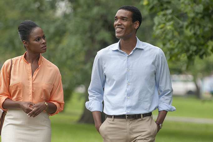 This image released by Roadside Attractions shows Tika Sumpter, left, and Parker Sawyers in a scene from "Southside With You." (Matt Dinerstein/Miramax and Roadside Attractions via AP)