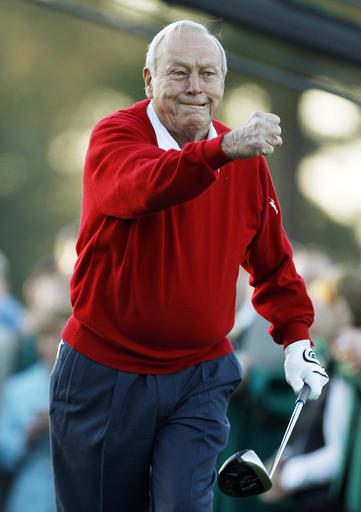File-This April 7, 2011, file photo shows Arnold Palmer reacting after his ceremonial tee shot before the first round of the Masters golf tournament in Augusta, Ga.   Palmer, who made golf popular for the masses with his hard-charging style, incomparable charisma and a personal touch that made him known throughout the golf world as "The King," died Sunday, Sept. 25, 2016, in Pittsburgh. He was 87.  (AP Photo/Matt Slocum, File)