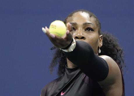Serena Williams, of the United States, serves during a match against Simona Halep, of Romania, during the quarterfinals of the U.S. Open tennis tournament, Wednesday, Sept. 7, 2016, in New York. Williams won 6-2, 4-6, 6-3. (AP Photo/Seth Wenig)