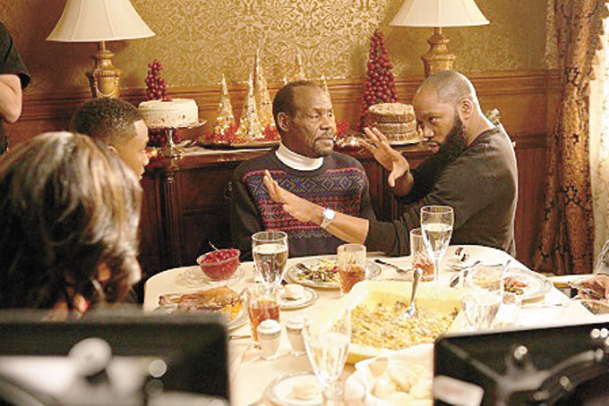 MOVIE SCENE—From left: Jessie T. Usher, Danny Glover and David E. Talbert on Set of “Almost Christmas.” (Photo Courtesy of Universal Pictures/Quantrell D. Colbert)