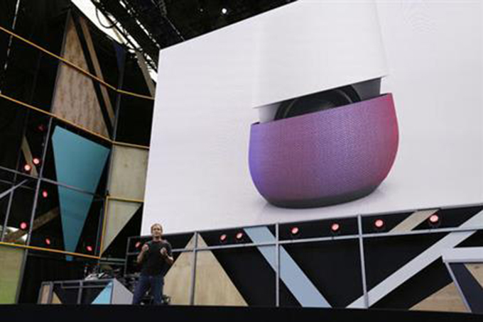 In this May 18, 2016 file photo, Google vice president Mario Queiroz gestures while introducing the new Google Home device during the keynote address of the Google I/O conference in Mountain View, Calif. (AP Photo/Eric Risberg, File)