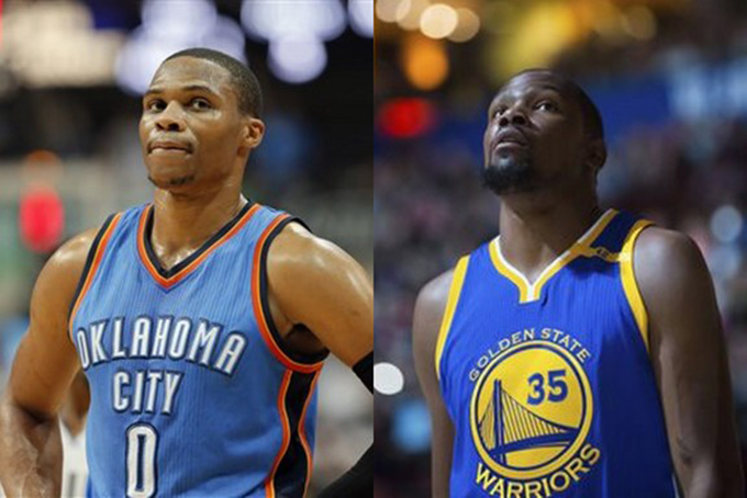 Oklahoma City Thunder guard Russell Westbrook (0) (AP Photo/Tony Gutierrez); Golden State Warriors’ Kevin Durant (Darryl Dyck/The Canadian Press via AP)