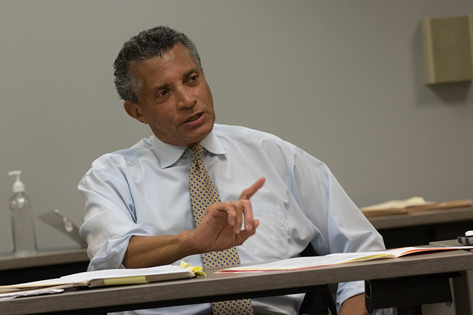 Tim Stevens, the chairman of The Black Political Empowerment Project (B-PEP), holds a strategy meeting at the Hill House Association on Centre Avenue. (Photo by Brian Cook/PublicSource)