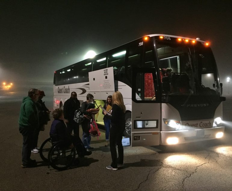 At 3:15 a.m. this morning a bus left from a location near Monroeville Mall and headed to Washington, D.C. for the Women’s March on Washington. (Photo by Martha Rial for PublicSource)