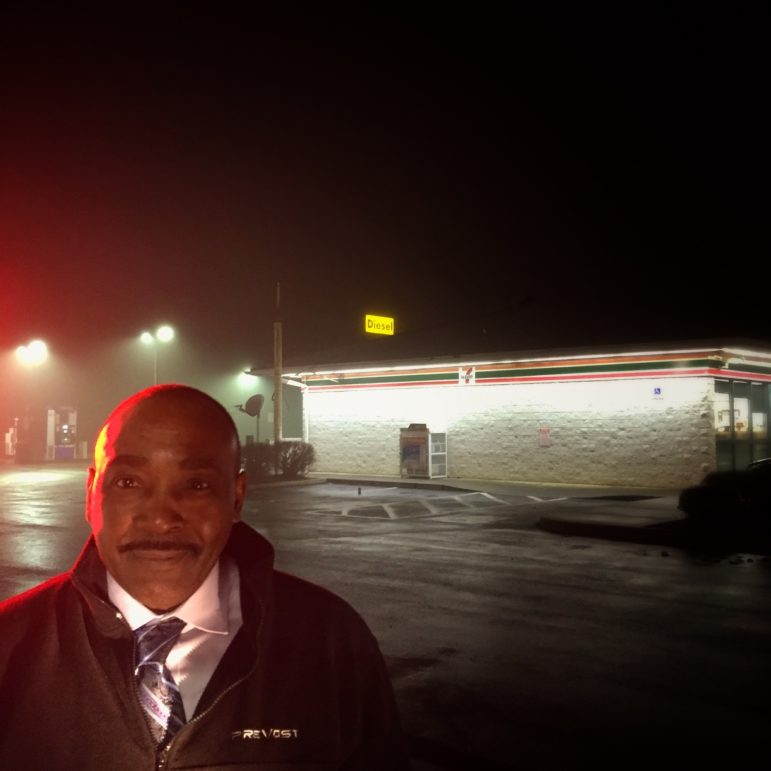 Clyde Hopkins during a break in Hagerstown, MD, at 6:40 a.m. He told her he has been driving for 15 years. Lots of destinations, including numerous rallies in D.C. As for this trip, he was surprised there were a couple men on his bus. “It is inspiring to me. If you can get something done. It is worth it. And that what I hope happens.” (Photo by Martha Rian for PublicSource)