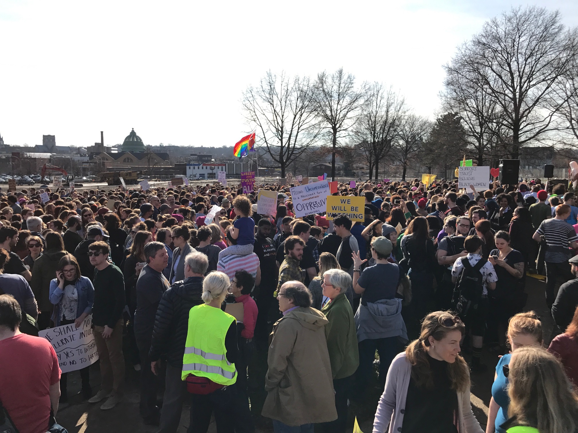 Dozens of people gathered near Penn Plaza apartments, ready to march in the Our Feminism Must Be Intersectional March Saturday morning in East Liberty. (Photo by Maranie Staab for PublicSource)
