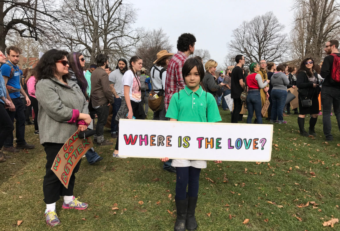 Beatrice Alba, 10, of Point Breeze: "I am here because I don't agree with the current president and because I want to stand up for people not being treated fairly." (Photo by Maranie Staab for PublicSource)