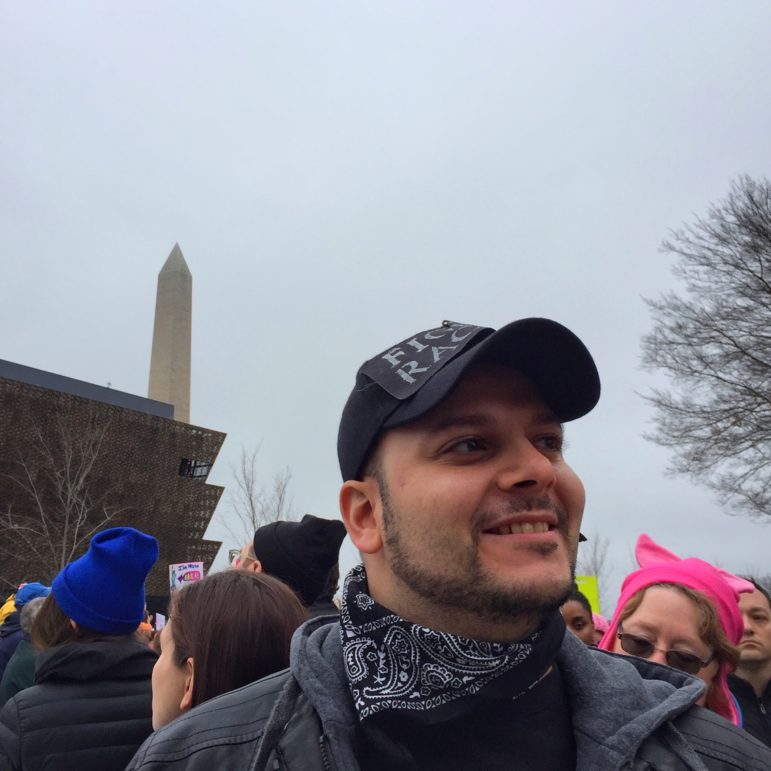  Marc Mancini, 30, of South Park , marched in D.C. and said, “I feel energized. The largest demonstration I have ever done. It is uplifting. This many people showed the new president and the world that we are making progress and we are not going backwards. It is all connected. I loved all the homemade signs.” (Photo by Martha Rial/PublicSource)