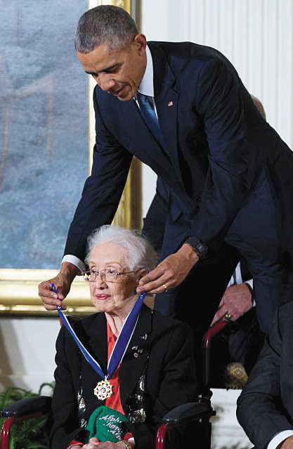 HIGHEST HONOR—Katherine Johnson receives the Presidential Medal of Freedom from President Obama in 2015. (AP Photos) 
