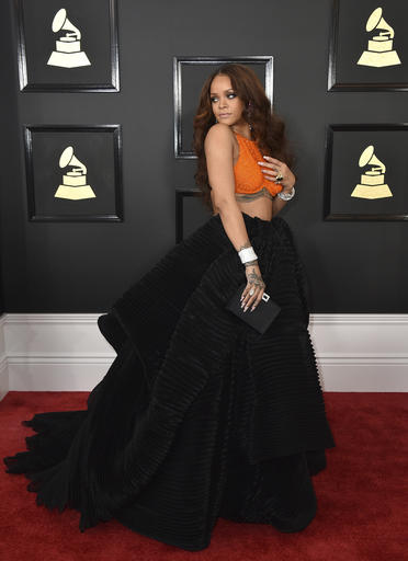 Rihanna arrives at the 59th annual Grammy Awards at the Staples Center on Sunday, Feb. 12, 2017, in Los Angeles. (Photo by Jordan Strauss/Invision/AP)