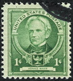 an old greenish stamp has the face of a man in the center, with the words united states postage, 1 cent and Horace Mann