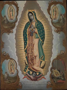 A painting of Our Lady of Guadalupe shows her with hands folded in prayer, wearing a green cloak and surrounded by a golden halo.