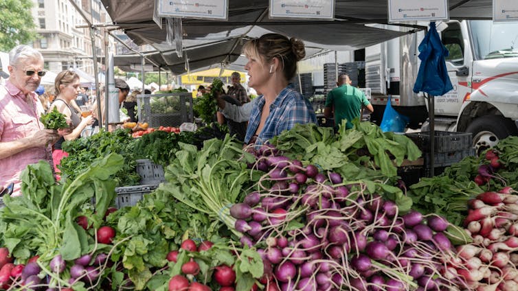 People buy vegetables from a farmers market vendor