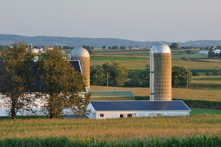 A landscape scene featuring two silos and farmland.