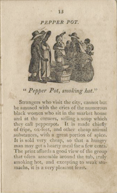 Yellowed page of book with black-and-white illustration of group of people gathered around a large pot