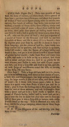 A yellowed page of recipes with 'Soups' written at top of page