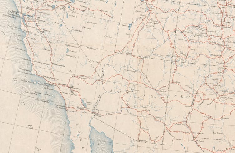 A map of the southwestern United States with a web of highways marked in red.