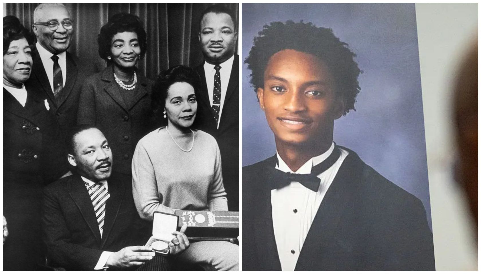 Left: Black and white photograph of seven people in formal attire at an indoor event, with a man in front holding an award. Right: Portrait photograph of a young man in a black tuxedo and bow tie against a blue background.