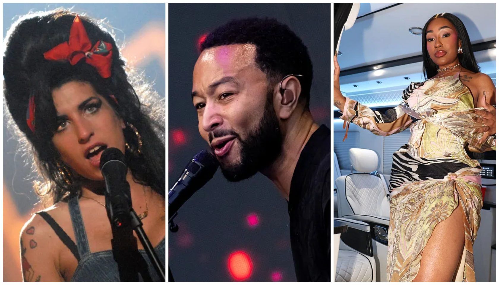 Three-panel collage: Left panel shows a woman with dark hair and red bow performing at microphone; center panel shows a man with beard singing into microphone; right panel shows a woman in gold patterned outfit on an airplane.